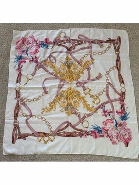Pink Equestrian Floral Scarf Horse Burgundy Large Square Gold Bridle Italy READ